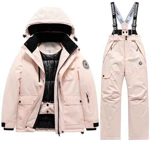 Generisch 2025 - Set da sci invernale alla moda, per ragazzi e ragazze (5-14 anni), giacca invernale da donna, impermeabile, giacca da sci per esterni, morbida, calda, con cappuccio rimovibile, h, 14