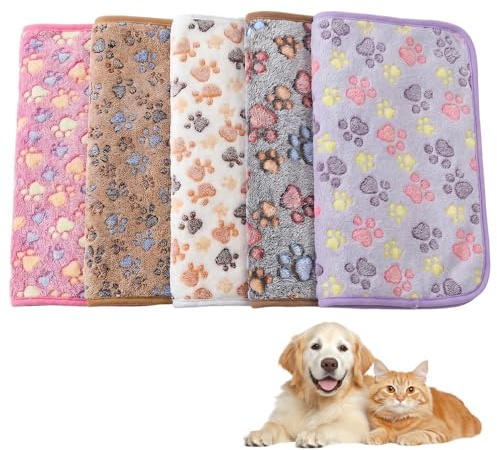 iohsxae Pet Blanket 5 Pack, Soft Fleece Paw Print Throw Blankets for Dogs Cats, Washable Warm Puppy Kitten Bed Cover for Sofa Couch Car Crate Kennel, Cosy Small Medium Pet Mat Home Travel Gift