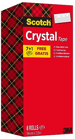 Scotch Crystal Ruban Adhésif Transparent , Multi-Pack, 8 Rouleaux, 19mm x 33 m - Ruban Adhésif Transparent à Usage Général pour l'Ecole, la Maison et le Bureau