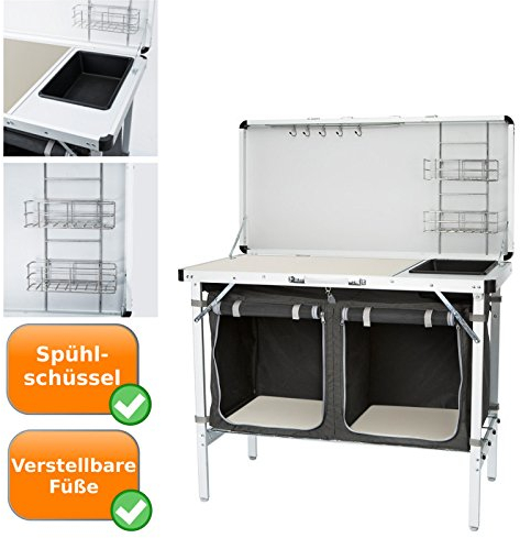 Multifunktionale Campingküche mit 2 Fächern und Spülbecken, separates Hängeregal + extra Windschutz, Farbe: grau