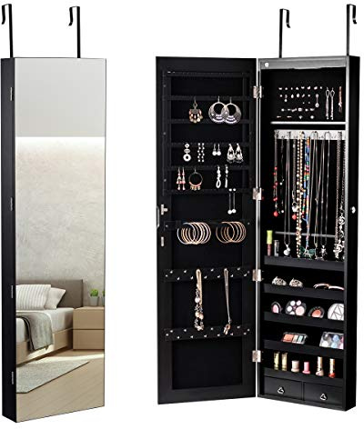 COSTWAY Armoire à Bijoux Mural avec Miroir et Lumière LED Armoire de Rangement Accrochée à La Porte 120 x 36 x 10 cm (Noir)