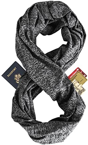 Zero Grid Infinity Travel Scarf Loop with Hidden Zipper Pockets for Passport, Phone, Cash, Cards - Converts to Blanket, Wrap, or Shawl - Ash Grey