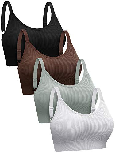 SATINIOR 4 Set Sports Women's Bra, Padded Ribbed Cami Bra Seamless Bralette Wireless No Underwire Workout Tank Top (White,Black,Coffee,Light Green,Medium)