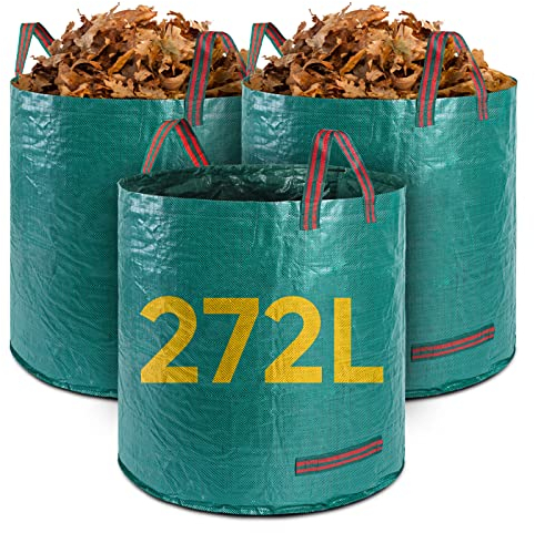 GZBtech 272 Litre Reusable Garden Waste Bags Heavy Duty 3 Pack,Large Waterproof Garden Refuse Sacks Bin Bags with Handles,Ideal for Collecting Plant waste grass and Leaves,Set of 3 Green