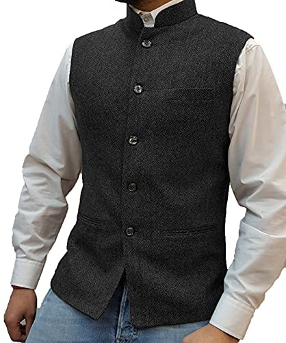 Tuikayoo Mens Herringbone Wool Vests Suit Business Tweed High Collar Waistcoats Slim Fit(3X-Large, Black)