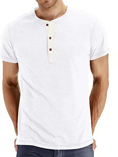 AOTORR Mens Henley Short Sleeve T-Shirt Summer Cotton Casual Shirt AMZ028 White L