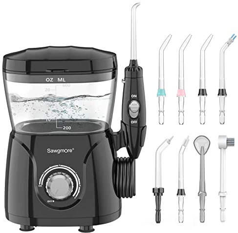 Sawgmore Jet Dentaire Hydropulseur, Hydropulseur Dentaire Professionnel avec 8 Busettes Multifonctionnelles, 10 réglages de pression d'eau, 600ML Irrigateur Dentaire Pour Les soins Familiaux Blanc