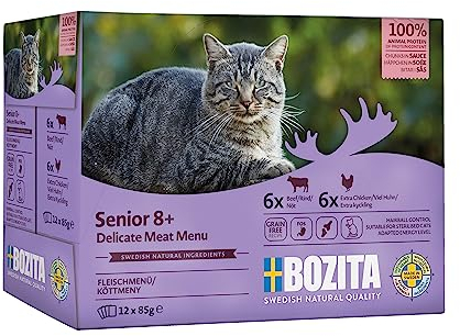 Bozita Nassfutter Senior 8+ Häppchen in Sauce mit Fleisch - 12x85g Portionsbeutel getreidefreies & weizenfreies Futter für Katzen - Katzen Nassfutter mit 8,5% Protein & 4,5% Fettgehalt