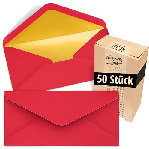 Japun – Briefumschläge (50 Stück), Kuvert, Umschlag ohne Fenster - DIN lang - 220 x 110 mm - innen: Gold - Papier-Farbe: rot