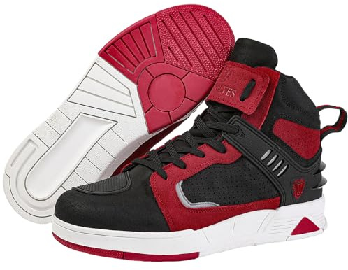 Bofucn Botas de cuero para motocicleta, zapatos para montar en la calle, zapatos antideslizantes con cremallera lateral para hombres y mujeres, Negro/Rojo, 9.5 Women/8.5 Men