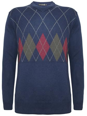 Generation Fashion New Men Gents Knitted Long Sleeve V-Neck Argyle Pattern Jumper Fine Knit Sweater Top Ribbed Edge[Navy, XL]