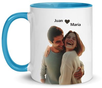 Kembilove Taza personalizada con foto y texto - regalos para parejas - tazas originales para regalar parejas - tazas para parejas 350ml - Regalos San Valentin y Aniversario (Azul Claro)