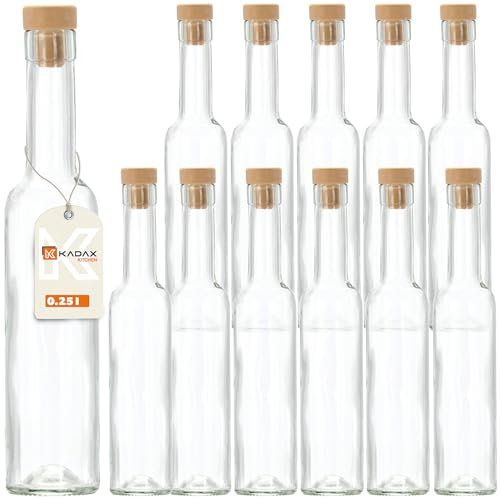 KADAX Glasflaschen mit Korkenverschluss, Transparente Schnapsflaschen zum Befüllen, Flaschen für hausgemachte Getränke, Wiederverwendbare Likörflaschen (Belissimo 0,25L 12 Stücke)