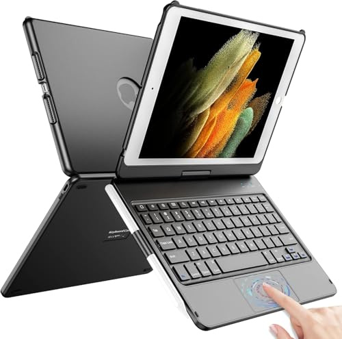 TQQ Clavier pour iPad (7e, 8e et 9e Générations) avec Pavé Tactile de Précision, Clavier Rétroéclairé 10 Couleurs de Type Ordinateur Portable, Rotatif à 360°, Clavier Français AZERTY