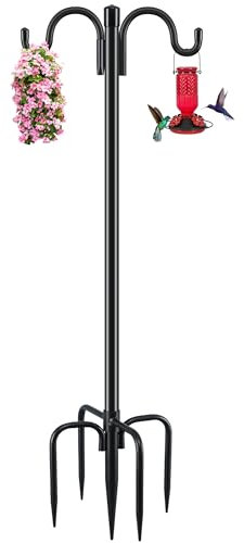 Gtongoko Bird Feeder Pole for Outdoors Heavy Duty, 92 Inch Double Shepherds Hook with 5-Prong Stable Base, 3/4 Inch Thick Hummingbird Feeder Stand for Hanging Plants, Lanterns, 1 Pack