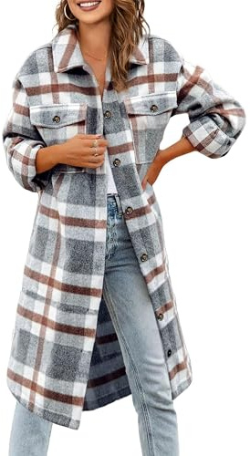 Jhsnjnr Dam flanell rutig jacka oversize långärmad kavajknäppning rutig skjorta bomull lång skjortjacka kappa