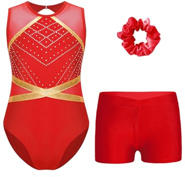Vxuxlje Enfant Fille Justaucorps Gymnastique Sans Manches Bodysuit Avec Short Bandeau Brillant Ensemble Sport Danse Patinage Entraînement Costume Spectacle 5-16 Ans Rouge 9-10 ans