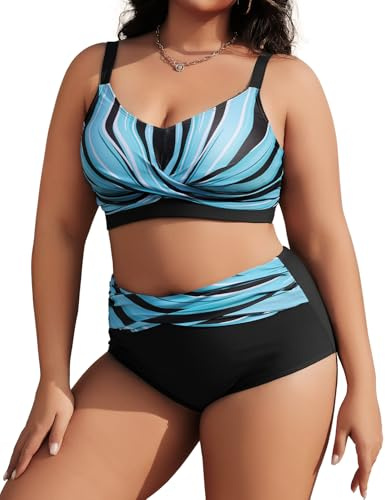 Tuopuda Bikini Mujer Talla Grande Push Up Cintura Alta Traje de Baño Dos Piezas Conjunto de Bikini Biquini con Relleno Bikini Top con Brasileño Braga Alta Natacion Playa M-4XL, Azul Claro, 3XL