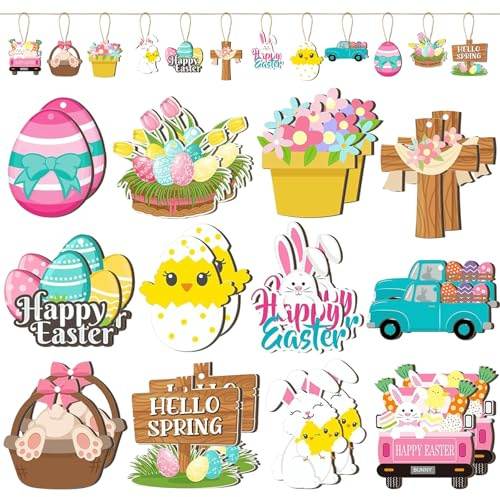 24 Pezzi Pendente Pasquale in Legno, Uova di Pasqua Appese, Pasquali Ciondolo Coniglietto, Ciondolo Pasquale in Legno, Ornamenti Pasquali in Legno, per Decorazioni per Feste Pasquali e Primaverili (A)