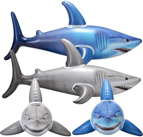 Inflatable Shark Birthday Party Decorations & Pool Toys - 4 Pack (2 Grey, 2 Blue) Large 23-Inch Blow-Up Shark Float Party Supplies for Kids or Adults Birthday, Beach, Summer Games & Party Favor Gifts