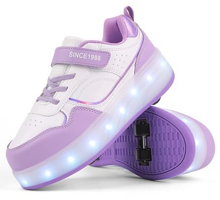 FANSU Chaussures à Roulette Garçons Filles avec LED, 2 en 1 Patins à roulettes Retractable Enfant avec 4 roulettes USB, Violet Chaussures de Skateboard pour Extérieur