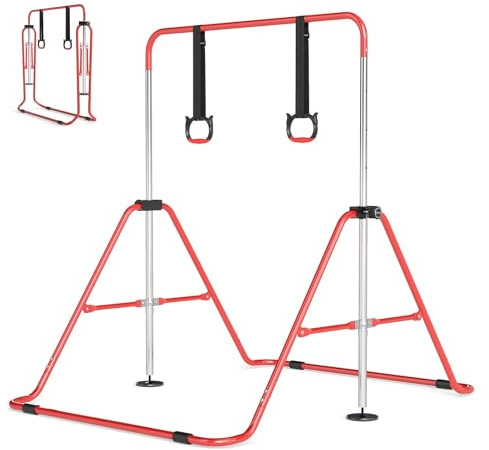 GYMAX Barre de Gymnastique avec Anneaux pour Enfants 3-12 Ans | Barre Réglable en Hauteur 93-105-117-132cm, Structure Triangulaire Stable, Cadre Pliable en Métal, Patins Antidérapants