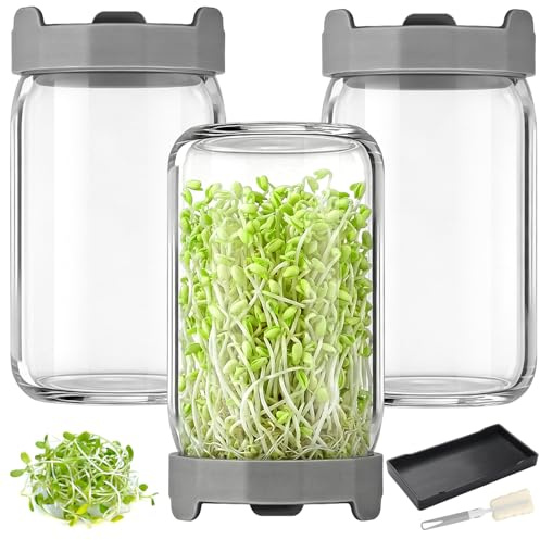 Bohoray Juego 3 Kit de Tarros de Germinación Brote Semilla, 1000ml Tarros Mason Boca Ancha con Tapas Brotes, Bandeja Goteo Y Cepillo Limpieza, para Brotes, Microvegetales (Gris)