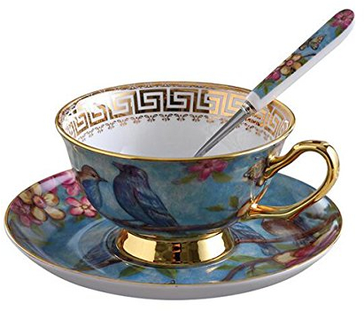 YBK Tech Euro Style Set de Tasses et Soucoupes en Porcelaine Osseuse, Tasse à thé et Café en Céramique pour la Maison, la Cuisine et le Mariage - Motif Oiseaux (Bleu)
