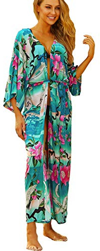 YouKD bomullskofta för kvinnor, lång bohemisk baddräkt Kimono Beach, täckande klänning i plusstorlek, Grön trana, en storlek