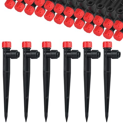 30 Stücke 360 Grad Einstellbare Bewässerung Sprinkler, 8-Loch Garten Bewässerung Tropfer mit Pfahl & Micro Drip Rohrhalter for 1/4zoll Schlauch, Bewässerungssets für Gewächshaus, Topfpflanzen, Rot