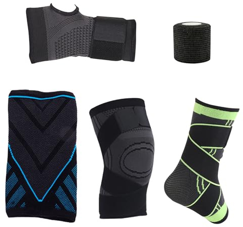 hssopa Codera,Muñequera,Rodilleras,Tobillera,Esparadrapo Deportivo,5 Piezas Protección Articulaciones(Codo+La Muñeca+La Rodilla+El Tobillo+Kinesiotape),Movimiento,Aptitud,Entrenamiento,Correr(XL)