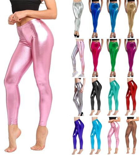 Legging pour femme - Argenté métallisé brillant - Pantalon années 80 avec taille haute - Legging brillant - Jupe de fête - Costume disco - Carnaval - Pantalon métallique à paillettes - Legging doré