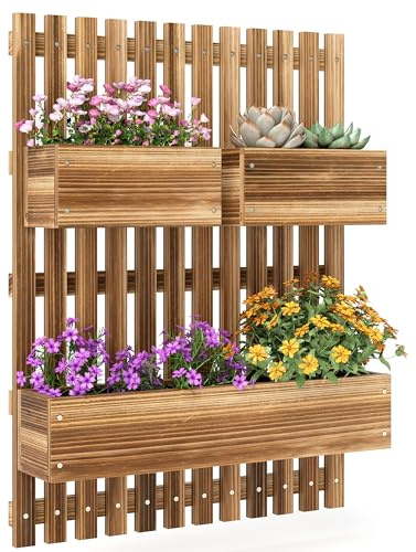 Outsunny Fioriera Verticale a Doghe con 3 Vasi Rimovibili e Fori di Drenaggio, Orto Rialzato da Esterno in Legno di Abete, Montaggio a Parete, per Piante, Fiori e Verdure, 60x16x80 cm, Carbonizzato