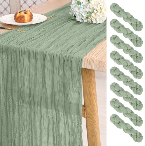 Pesonlook 8-pack salvia grön ostduk bordslöpare lång, 50 x 300 cm | 3 m romantisk halvren rustik boho gasväv bordslöpare för bröllop, möhippa, fest, bankett examensdekoration