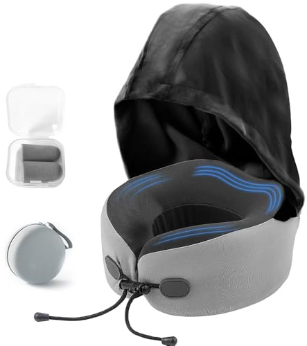 mizikuu Cuscino da Viaggio Collo con Cappuccio, Cuscino Cervicale Aereo Memory Foam con Tappi per le Orecchie Portatile Federa Lavabile Regolabile Compatto per Dormire in Auto Macchina Treno Ufficio