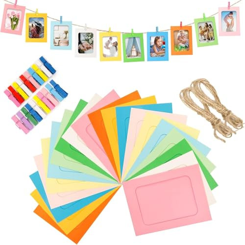20 Pezzi Cornici Foto in Carta Kraft con Clip Legno - Set Cornici Portafoto 15x10 cm (6x4) con Corda Canapa - per Parete, Casa, Scuola e Ufficio - Decorazione Sospesa DIY (Colorato)