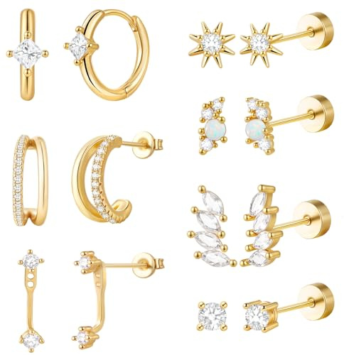 Gold Flat Back Earrings Stacks Hypoallergenic Cartilage Earrings for Women,20G Lobe Tragus Helix Conch Piercing Jewelry,Dainty 14K Gold Plated Stud Hoop Earring Set