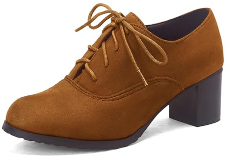 SHEMEE Women's Block Heels Oxfords Lace Up Brogues Faux Suede Chunky Heel Oxford Pumps Retro Victorian Laced Oxford Brogue Derby Shoes Brown,Size 6.5