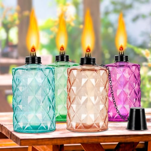 Glass Garden Torch for Outside 4 Pack, Colorful Outdoor Torch Garden Decor Canisters 12 oz, Light Torches for Party Patio Pathway (Glass Torch 4Pack)