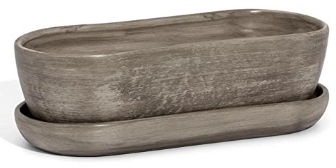 Ecoceramik Keramik Blumentopf Blumenschale inkl. Untersetzer handbemalt Bonsai Kakteen L.285 mm Betonoptik Wasserablaufloch