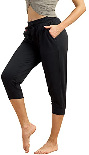 icyzone Damjoggingbyxor 3/4 sportbyxor löparbyxor sommar fritidsbyxor sweatpants casual capribyxor, svart, S