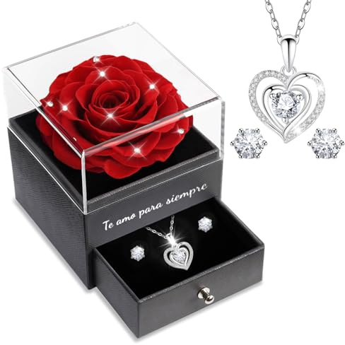 Sunia Regalo Dia de la Madre, Rosa Eterna con Collar y Pendientes de Corazón Plata de Ley 925, Rosa Eterna Natural Preservada para Mujer Mama Abuela, Regalo del Dia de la Madre San Valentin Navidad