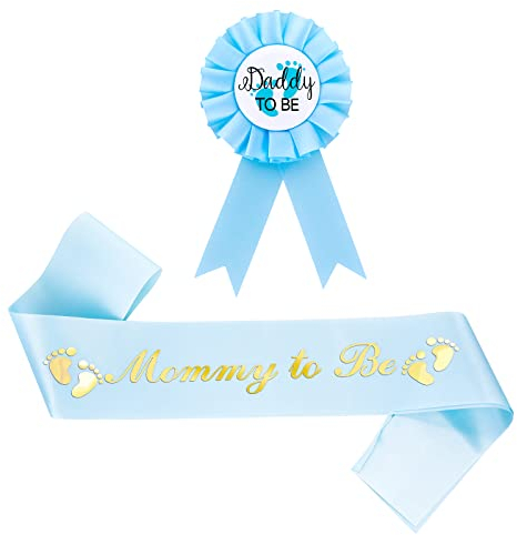 Abeillo Badge en fer blanc pour décoration de fête prénatale, écharpe de douche « Mom to Be » et épingle à bouton « Daddy to Be » pour fête de révélation du sexe (bleu)