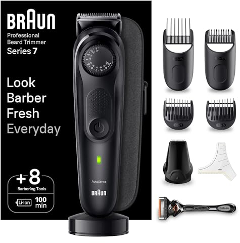 Braun BT7440 Recortadora de barba y pelo profesional para hombres, con 40 ajustes, estación de carga, estuche de viaje, plantilla para barba, 100 min de autonomía sin cable, impermeable