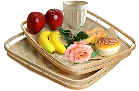 PEMAR Set of 2 Bamboo Wicker Serving Trays for Foods & Drinks, Rectangular Breakfast Lap Trays with Handles Wooden Decorative Platters for Coffee Table, Bed Eating - Standard Size