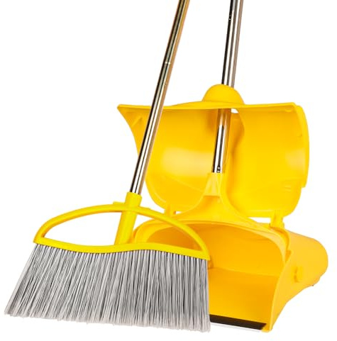 Long Handle Heavy Duty Broom and Dustpan Set, Outdoor and Commercial Upright Dustpan and Brush for Restaurant Garage Garden Yard Office, Yellow