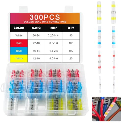 300 Piezas Conectores Electricos Estancos Kit,0.25-6.0mm2 Termoretractil para Cable con Estaño,4 Tipo Terminales Empalme Termorretráctil, para Auto, Electricos Soldadura