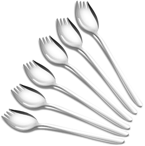 tiokin Sporks, 6 pezzi in acciaio inox 18/10 Sporks, lungo 7,48 in cucchiai per insalata, dessert di frutta, forchette di riso fritte, cucchiaio e forchetta multifunzione per campeggio a casa o in