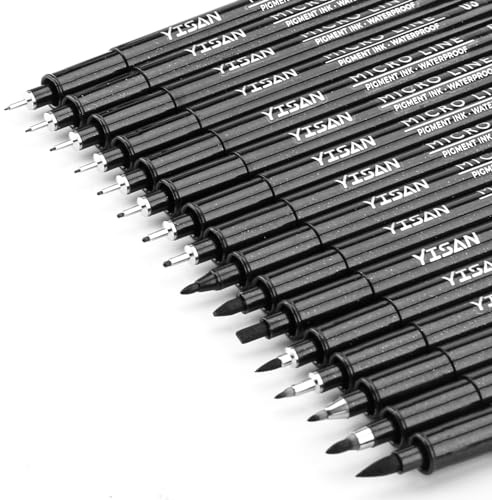 YISAN Fineliner svart ritmarkör penna, pigmentfoder 16 storlekar, konstpennor, mangapennor, kalligrafipennor, för skissning, teknisk ritning, 70351