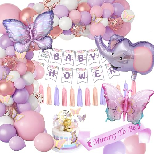 Baby Shower - Decoraciones para niña, color morado mariposa de bautizo de oro para bebé, niña, unisex, neutro